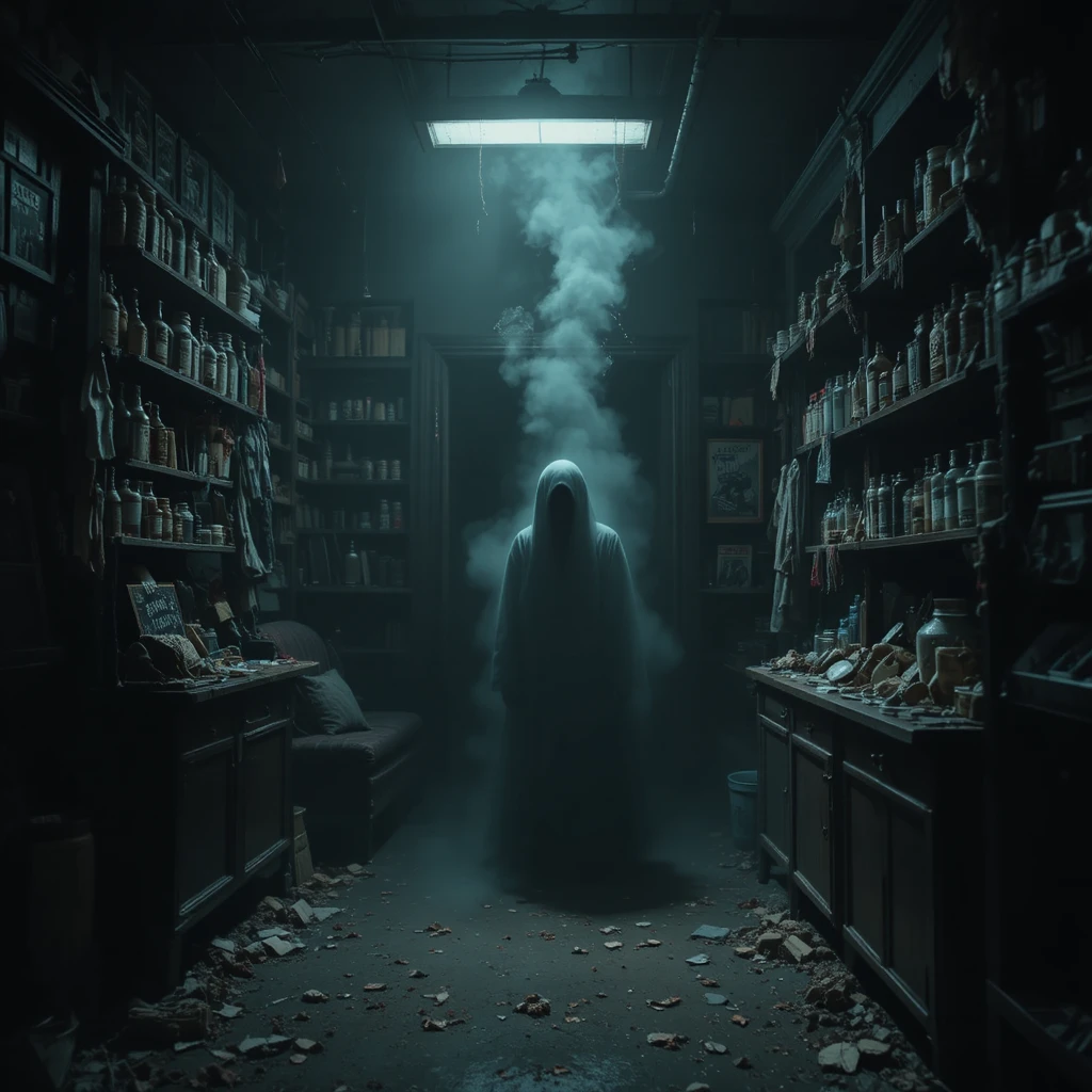 Interior de tienda oscura y embrujada con polvo flotante y sombras