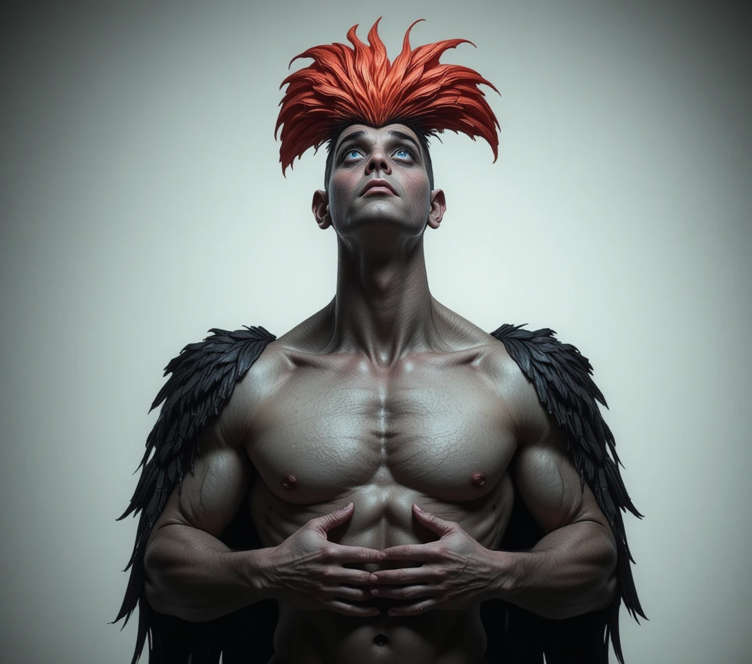 Surreal hybrid bird woman standing above crouching man