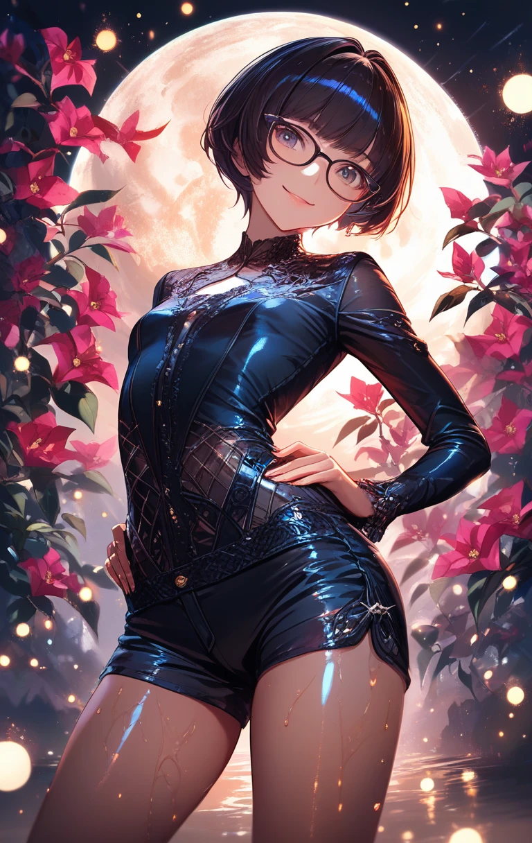 Mujer de anime con gafas sonriendo bajo el cielo nocturno iluminado por la luna