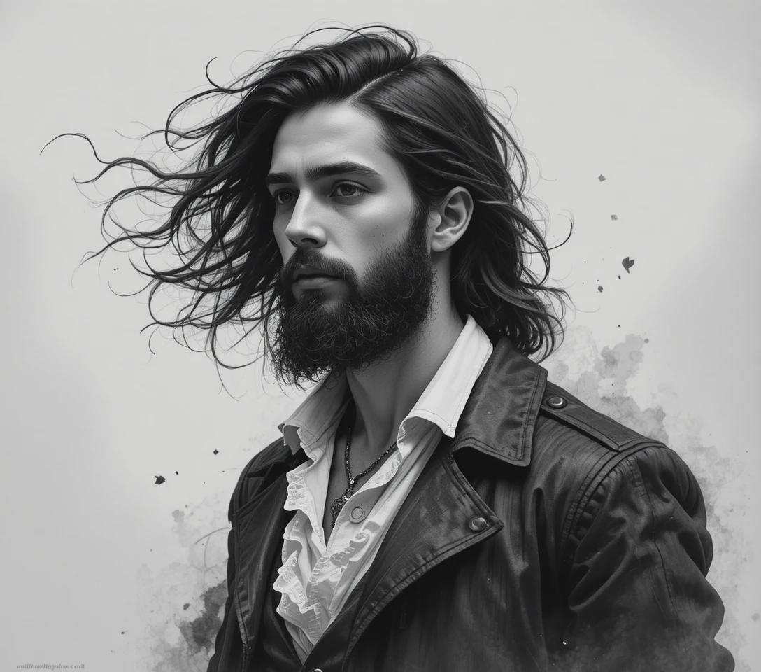 Hombre de pelo largo y aire melancólico en retrato monocromático barroco