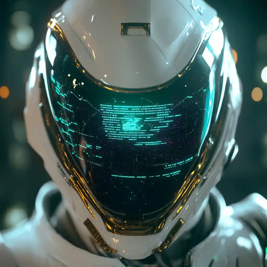 Extreme close up of futuristic pilot helmet and holographic hud