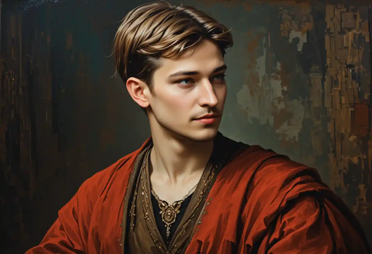 Renaissance style oil portrait with dramatic Rembrandt lighting