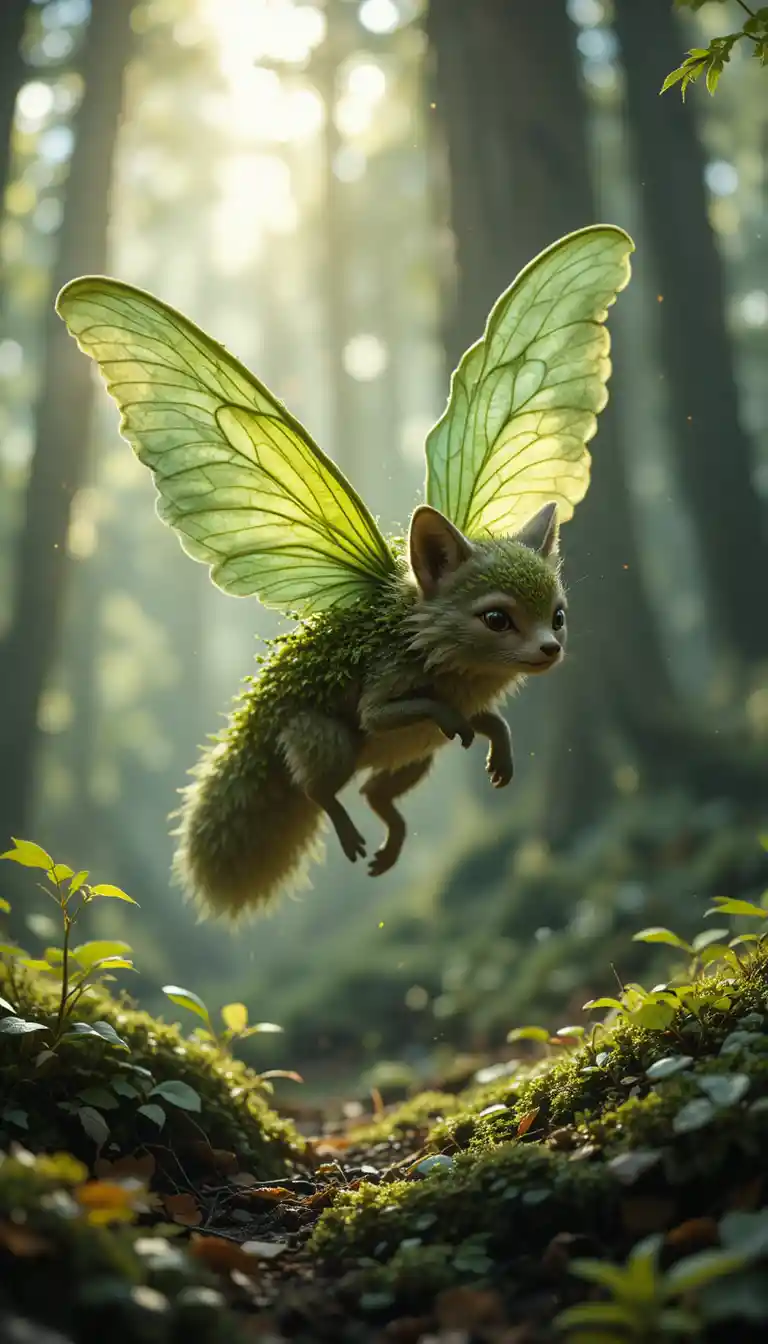 부드러운 빛 속에 떠 있는 잎날개 숲의 정령 여우