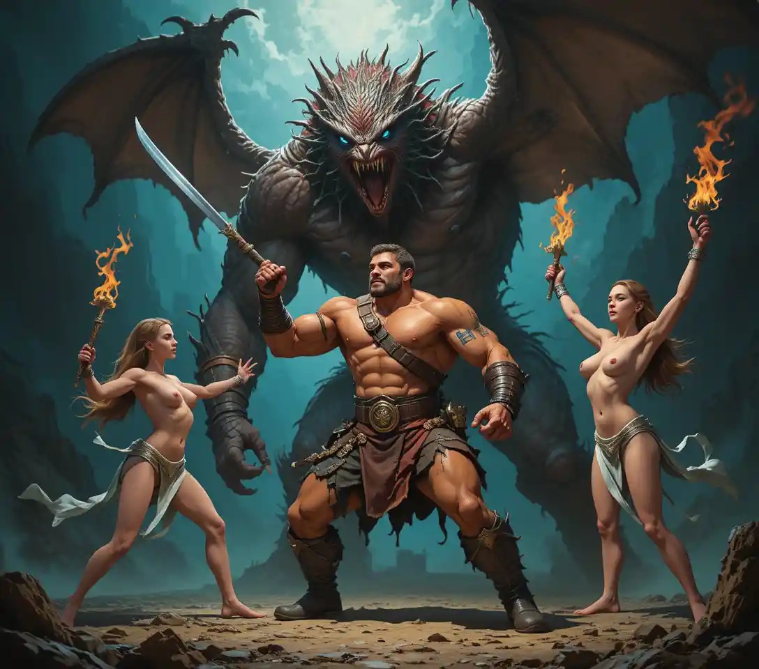 Muscular warrior confronts fire breathing winged monster in battle