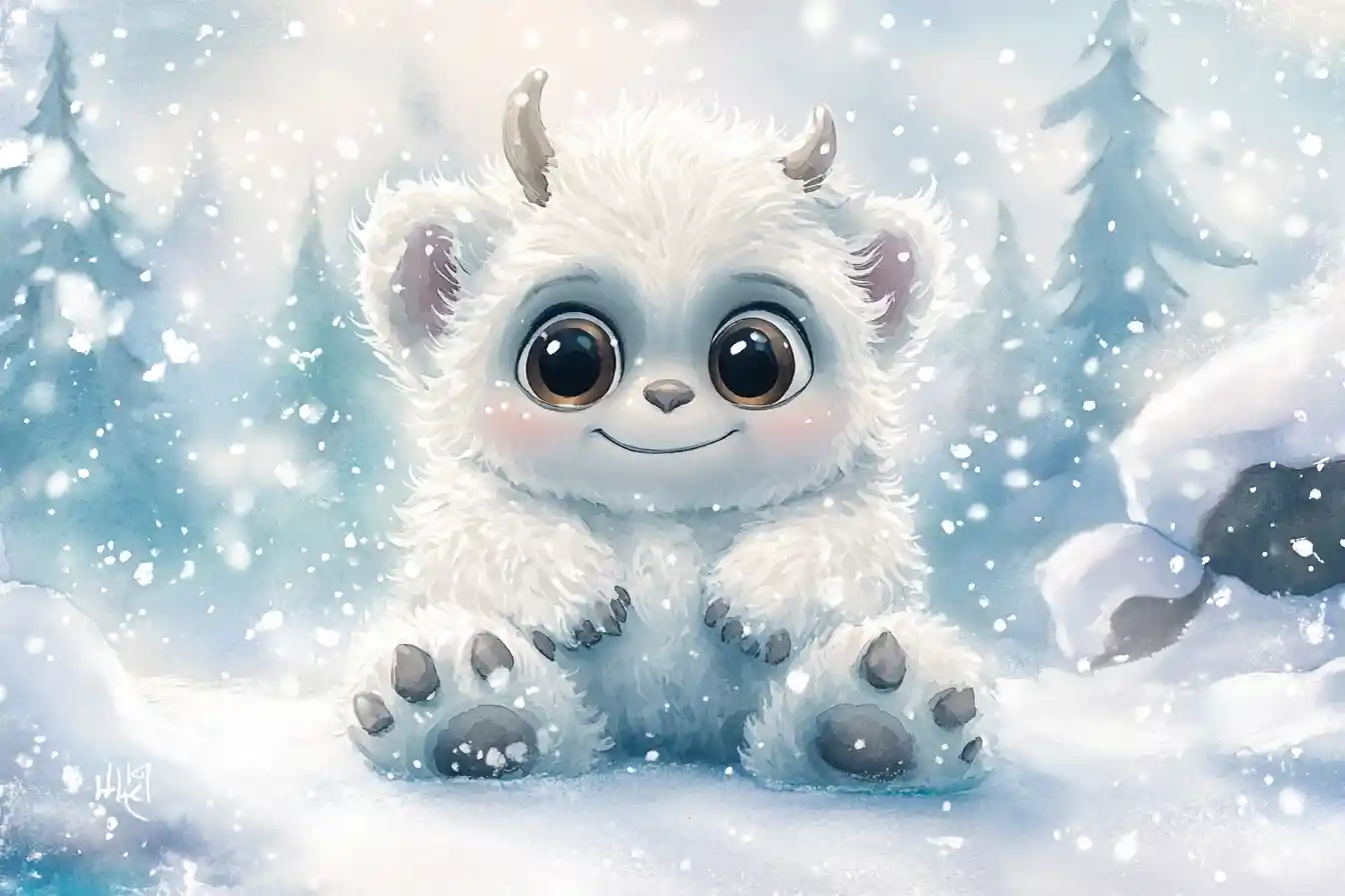 Baby yeti cub in snowy meadow watercolor illustration