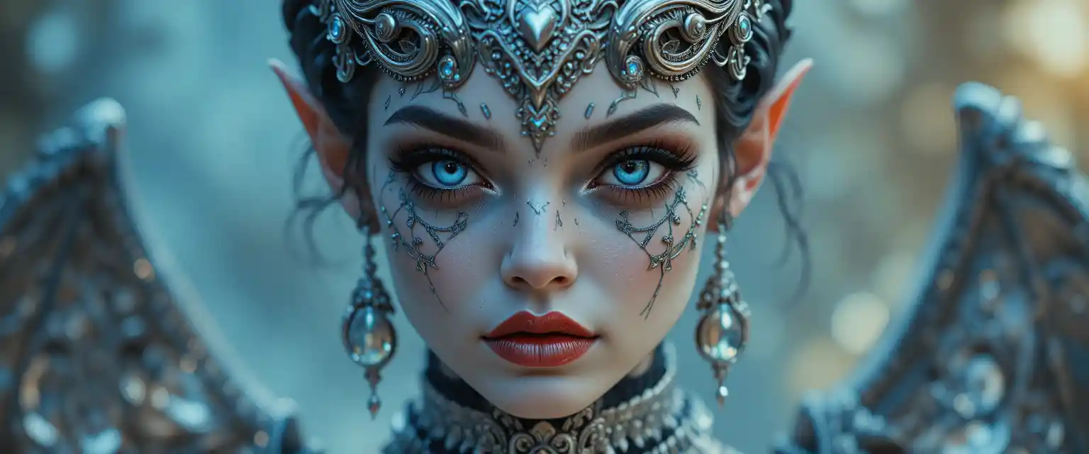 Cinematic close up of a metallic female demon portrait