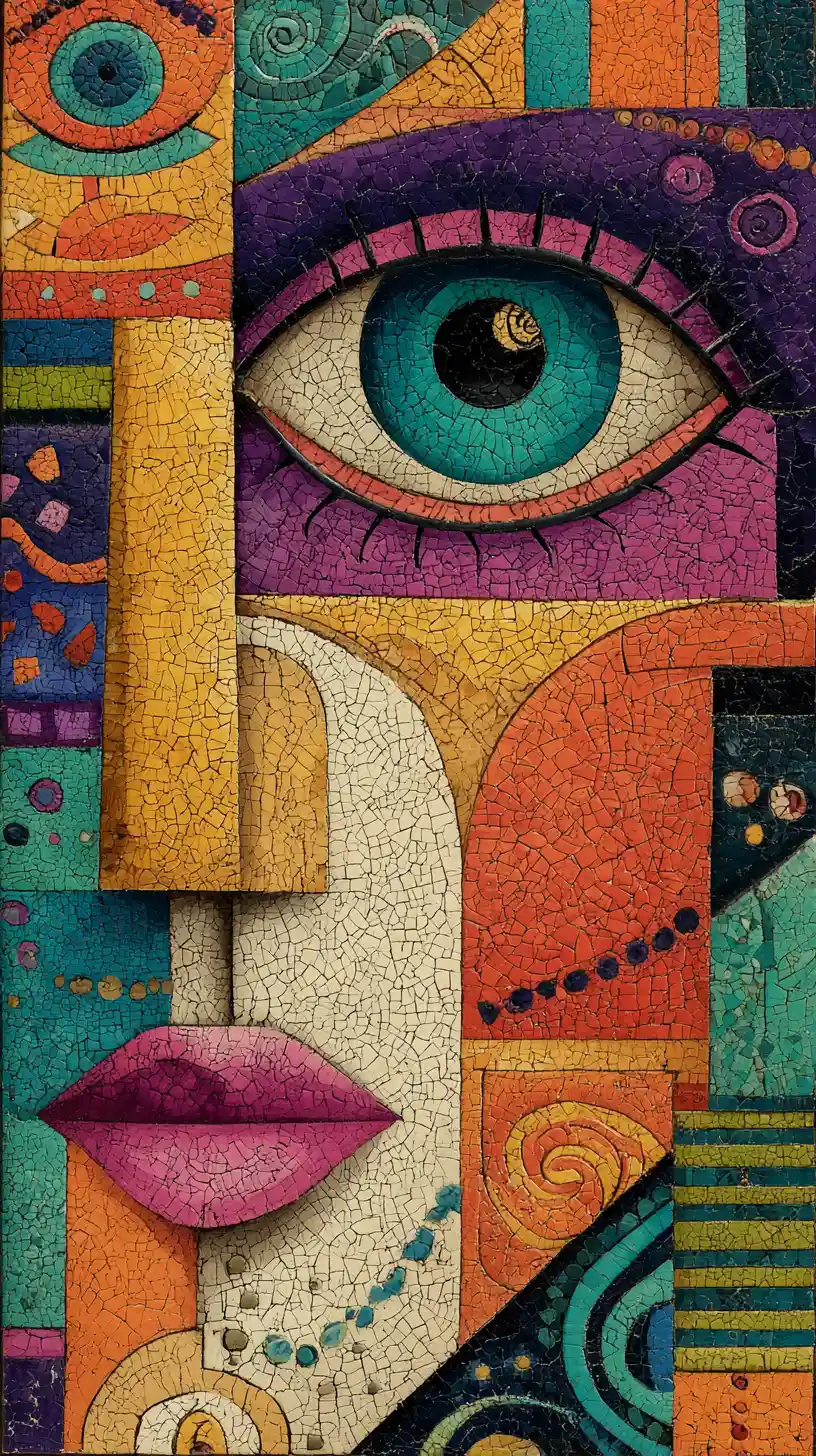 Abstract cubist portrait with turquoise eye and mosaic patterns