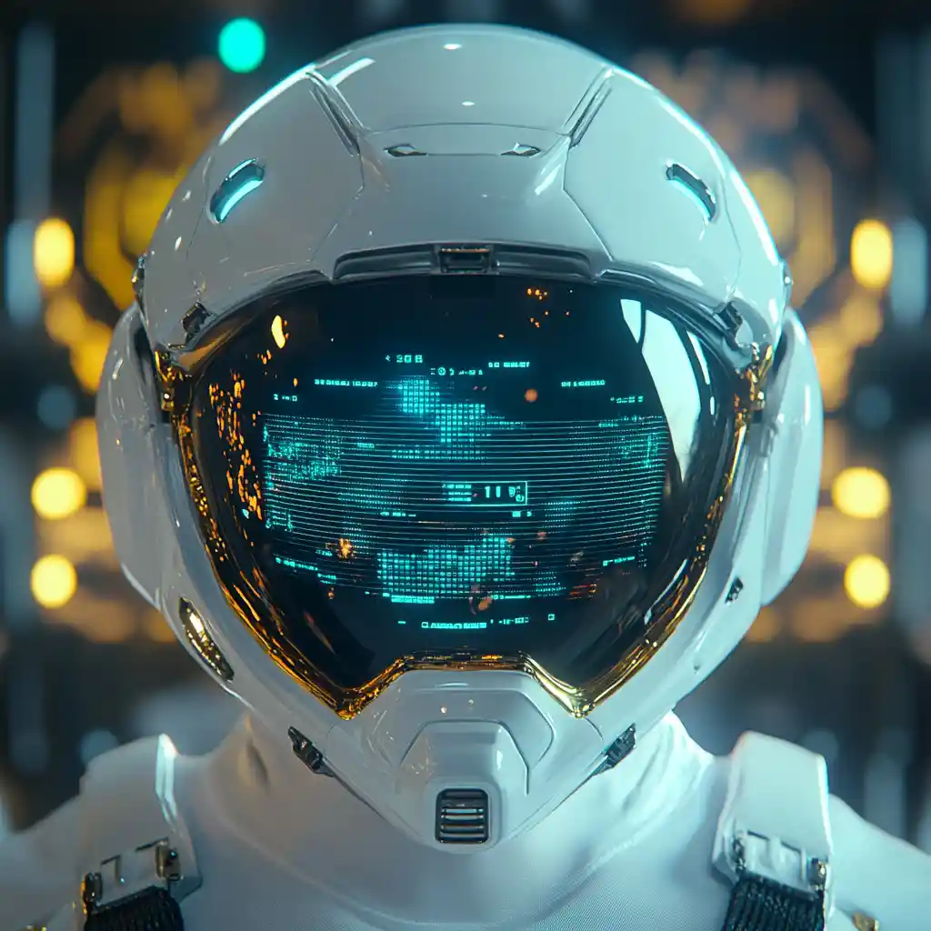 Close extremo de capacete de piloto futurista com HUD holográfico