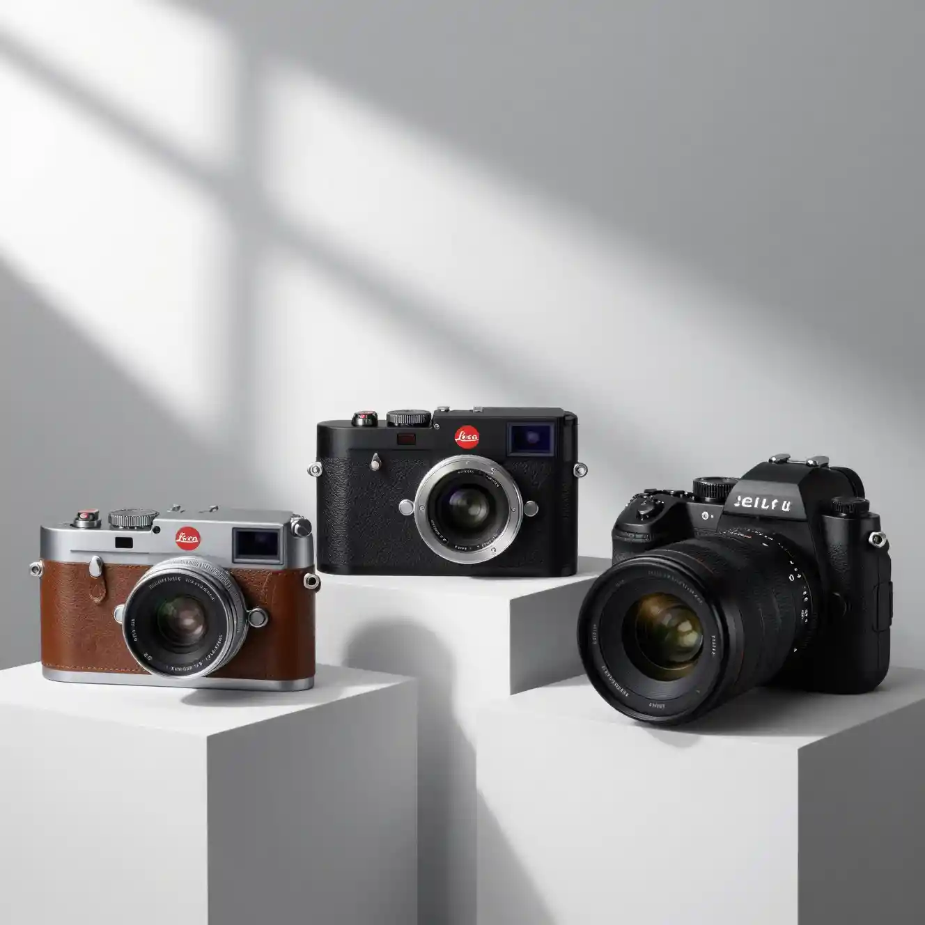 Three cameras on white platforms with dramatic studio shadows