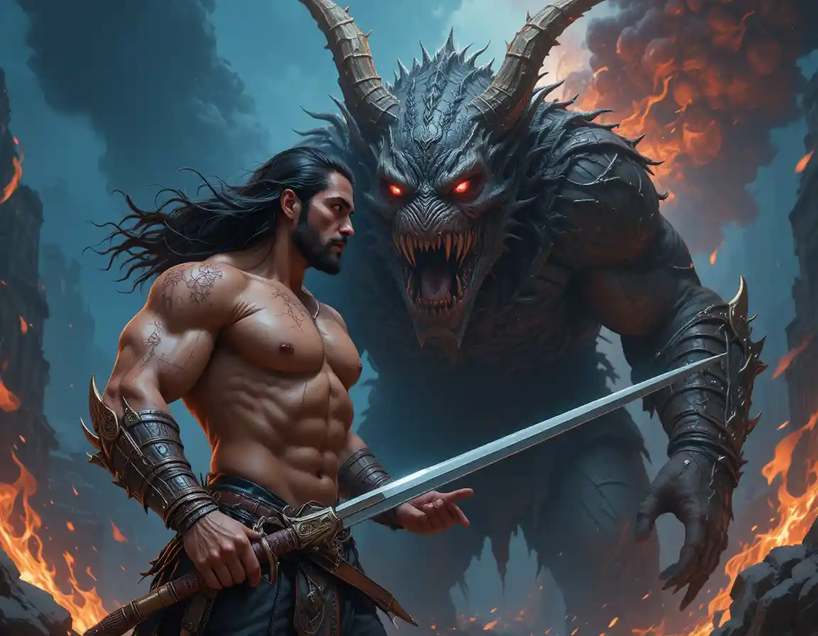 Scarred young warrior facing colossal demon in flames