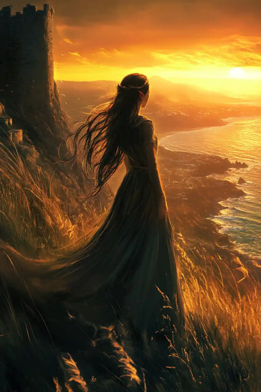 Elf woman on a high tower at orange sea sunset