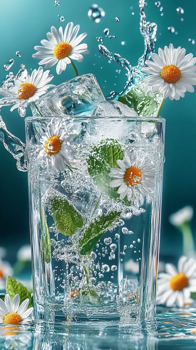 Glass of iced water with chamomile flowers and mint leaves