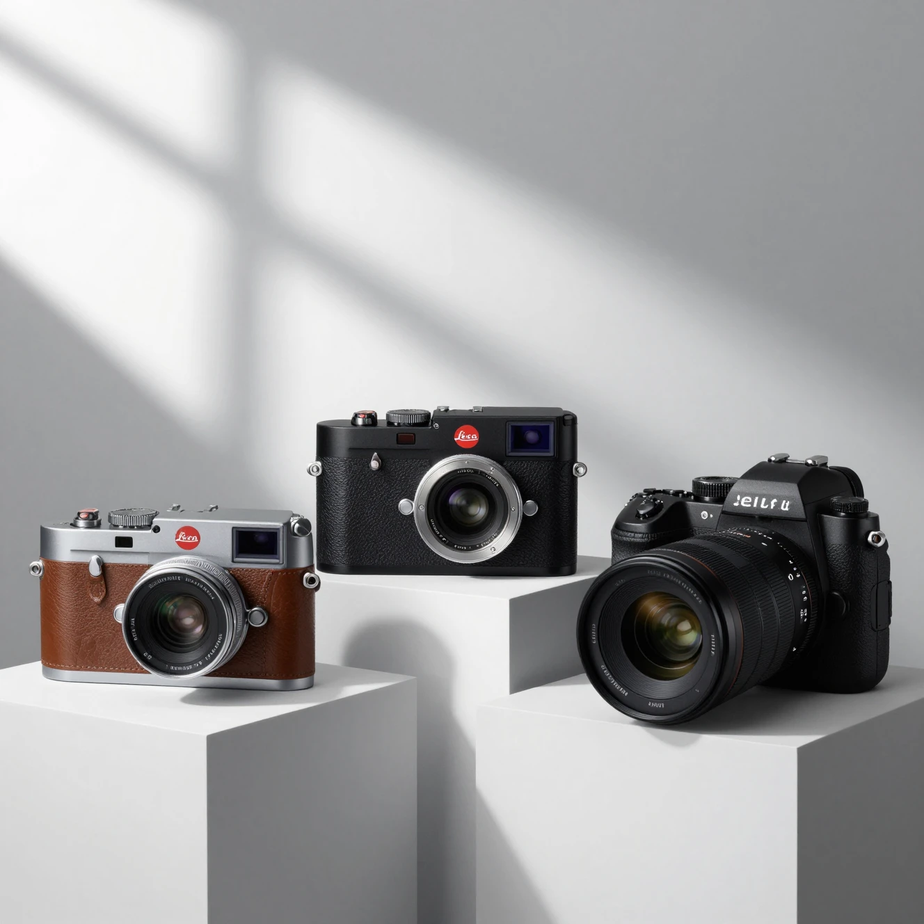 Trois appareils photo sur des plateformes blanches avec des ombres de studio dramatiques