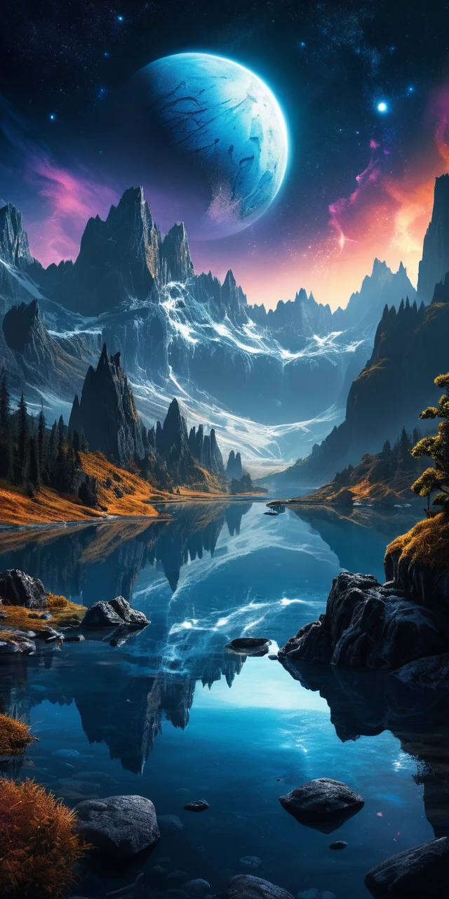 Fantasy lake beneath a glowing blue alien planet