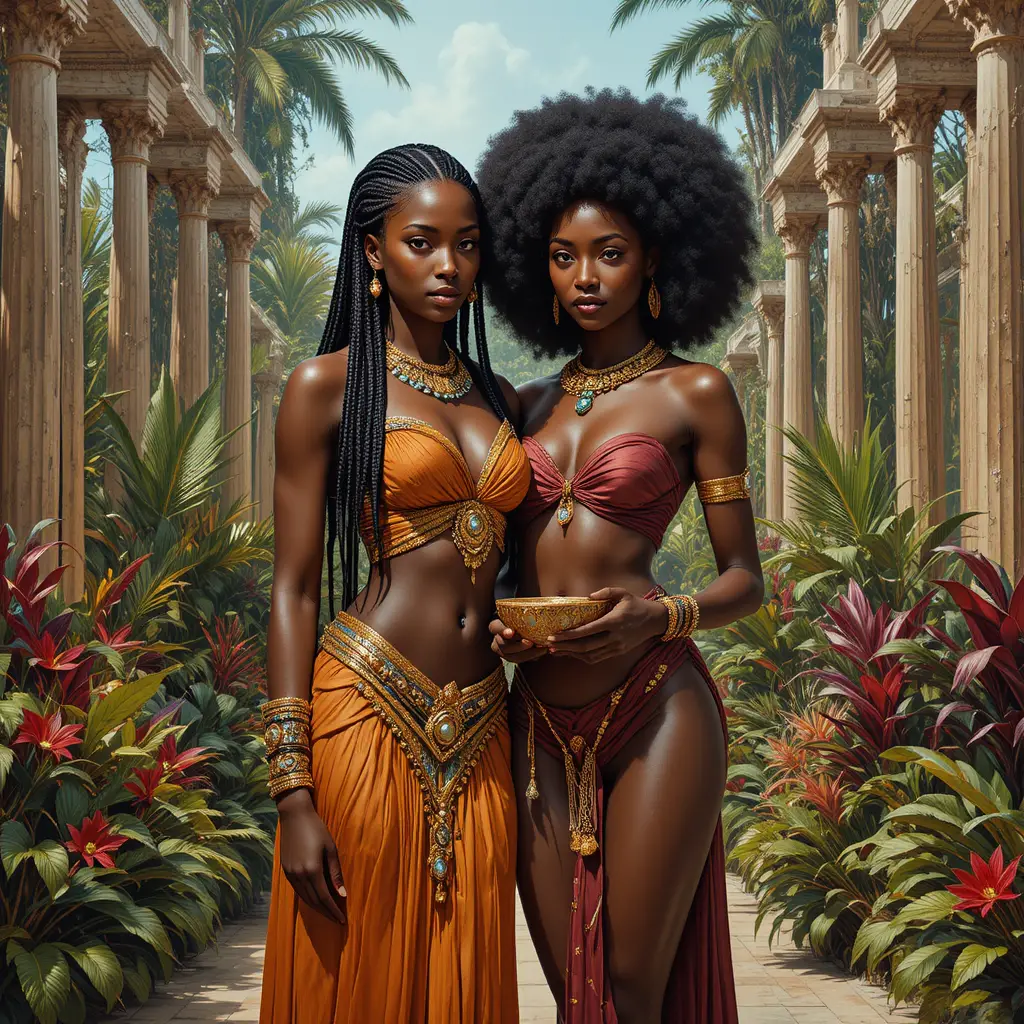 Proud warrior woman beside ebony beauty in tropical splendor