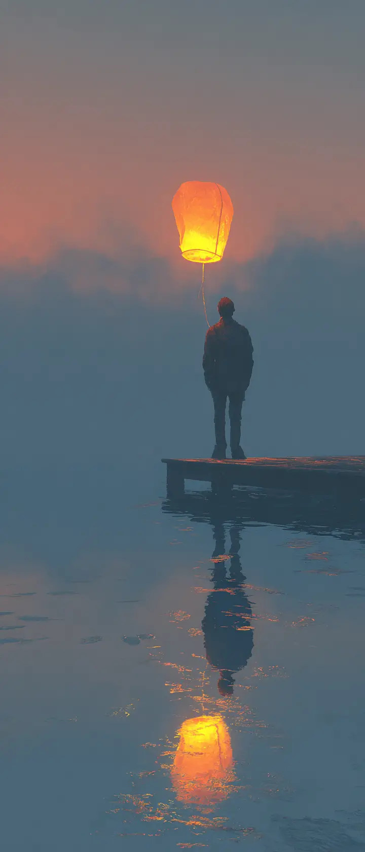 Young man releasing a glowing lantern at dawn pier