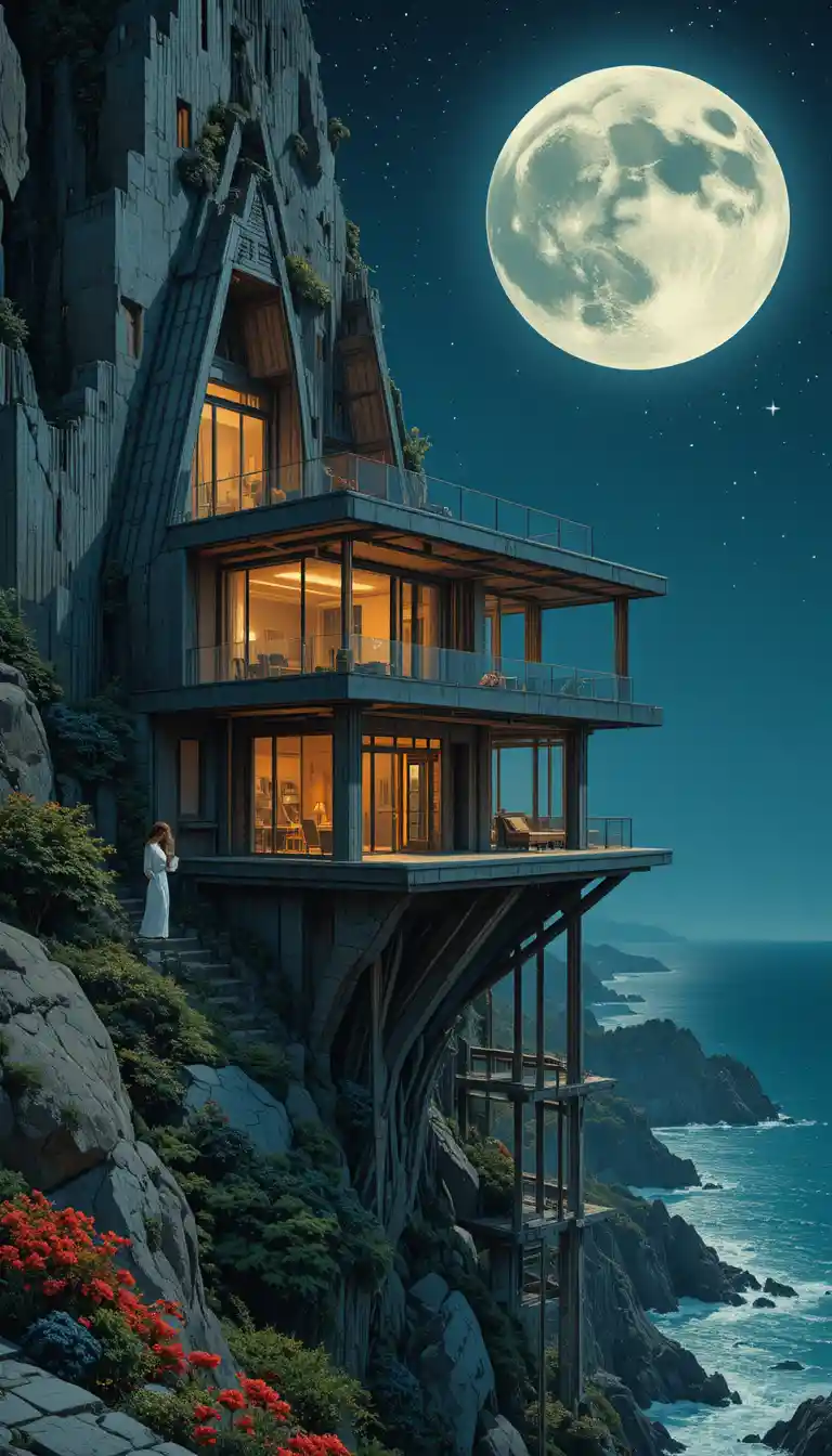 Modern cliffside house at night with girl by window
