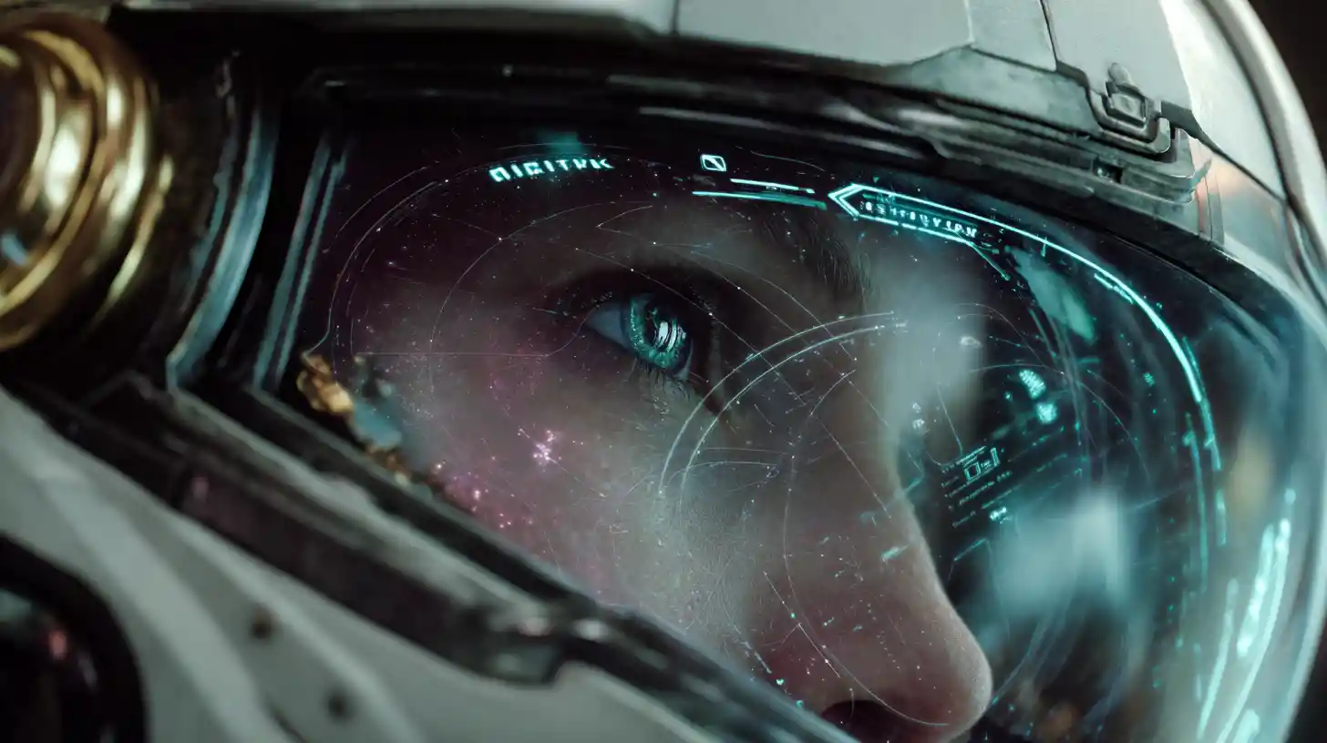 Primerísimo plano de casco de piloto futurista con HUD holográfico