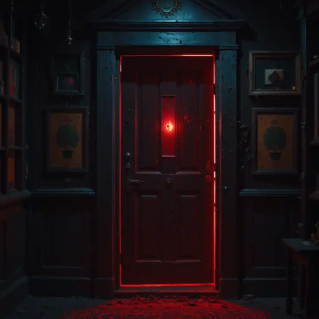 Puerta de madera antigua de tienda abriéndose hacia una luz roja brillante