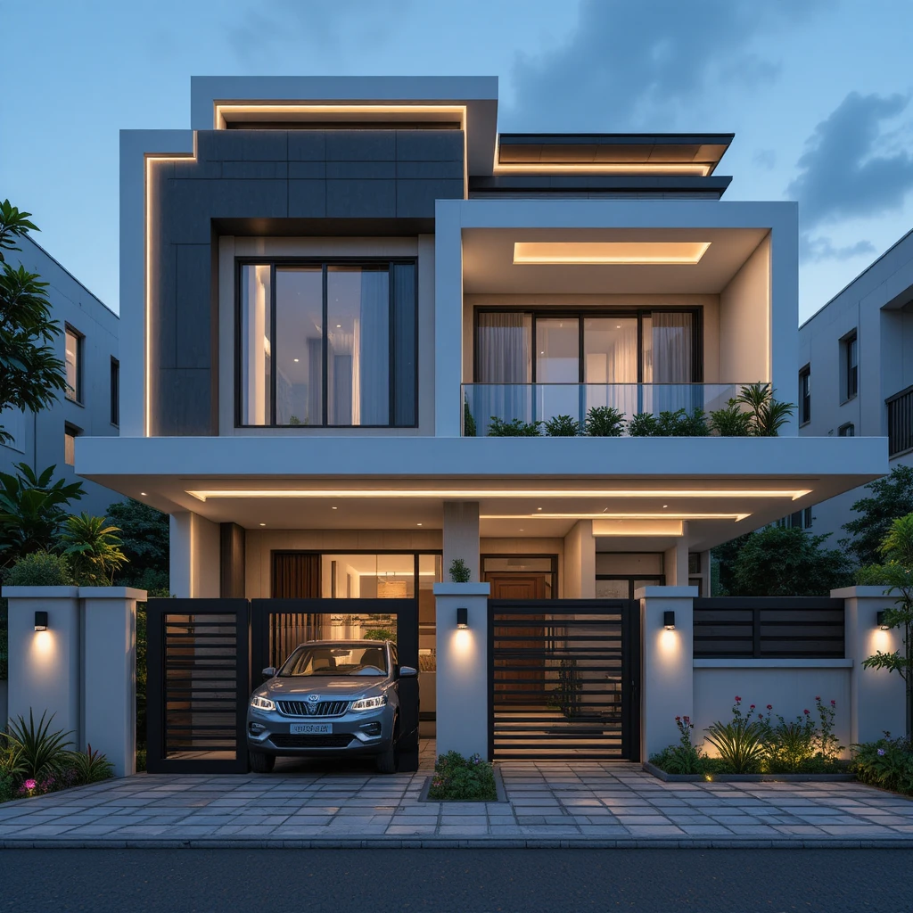 Futuristic duplex house exterior with curved box facade