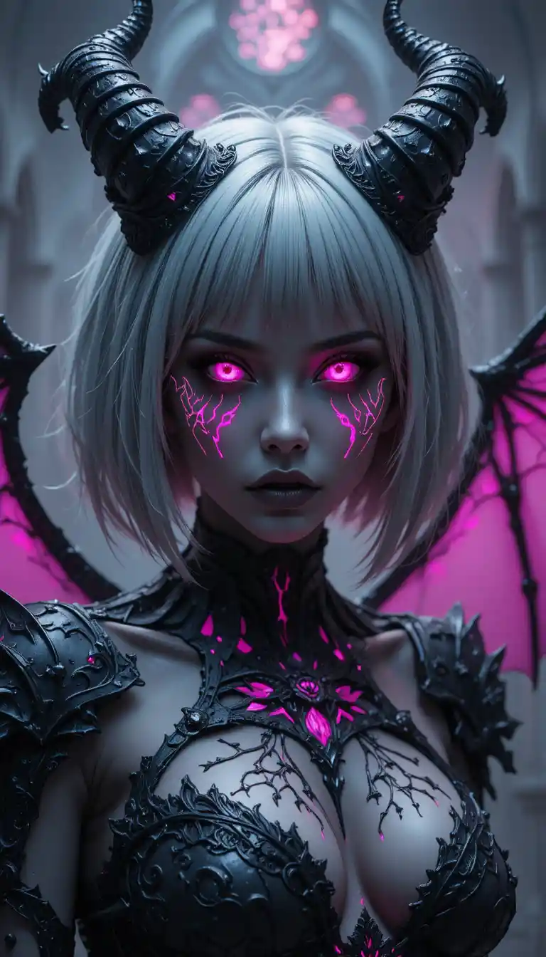 Gothic demoness portrait with glowing horns and bat wings