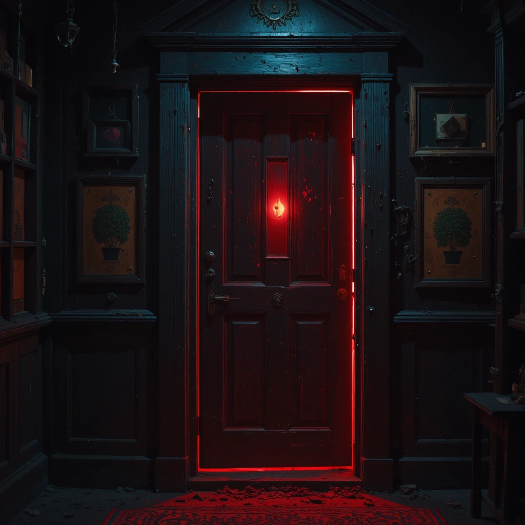 Puerta de madera antigua de tienda abriéndose hacia una luz roja brillante
