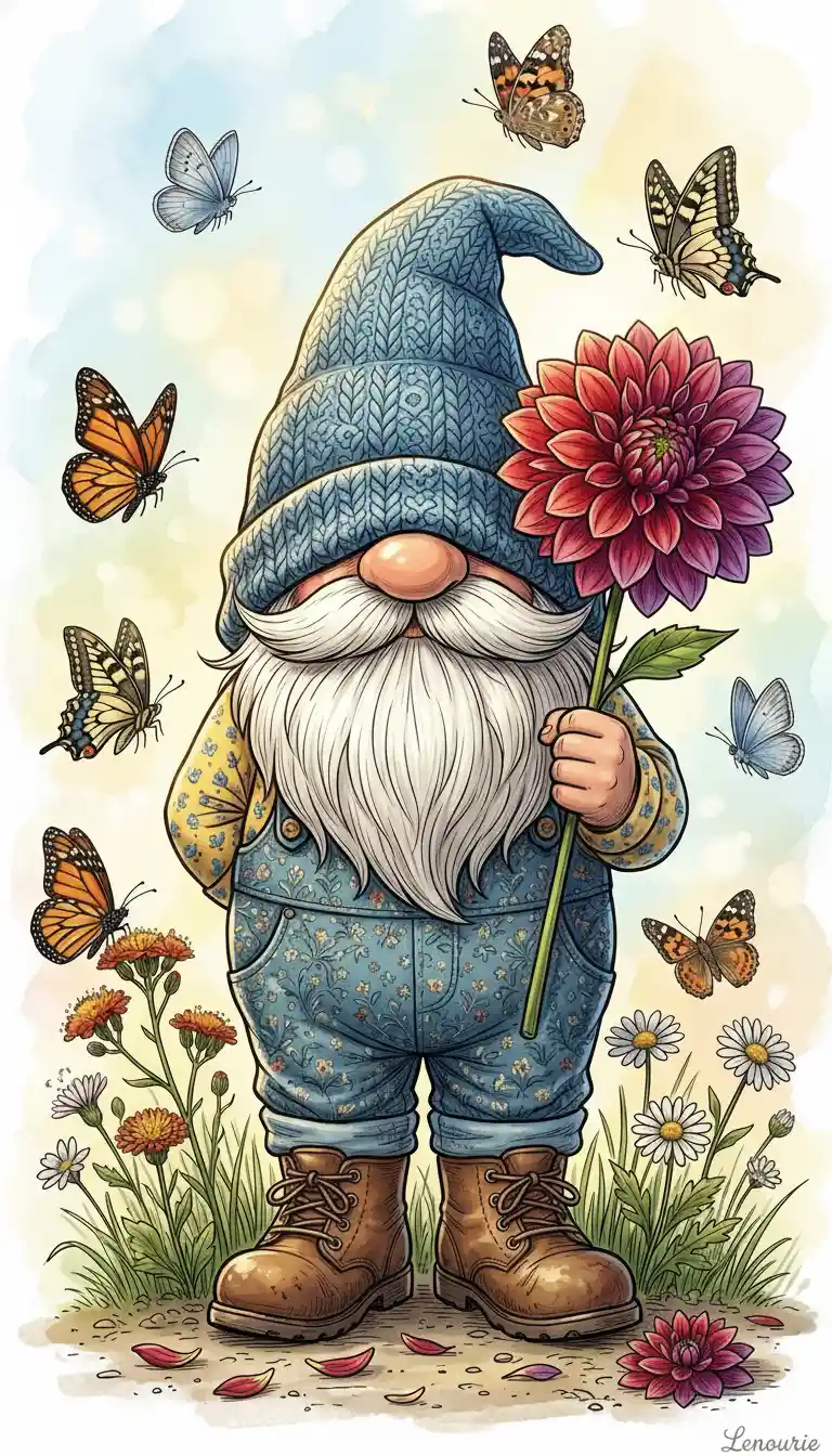 Cute garden gnome holding dahlia among flowers and butterflies