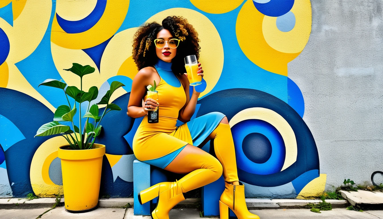 Stylish woman in yellow by colorful urban mural