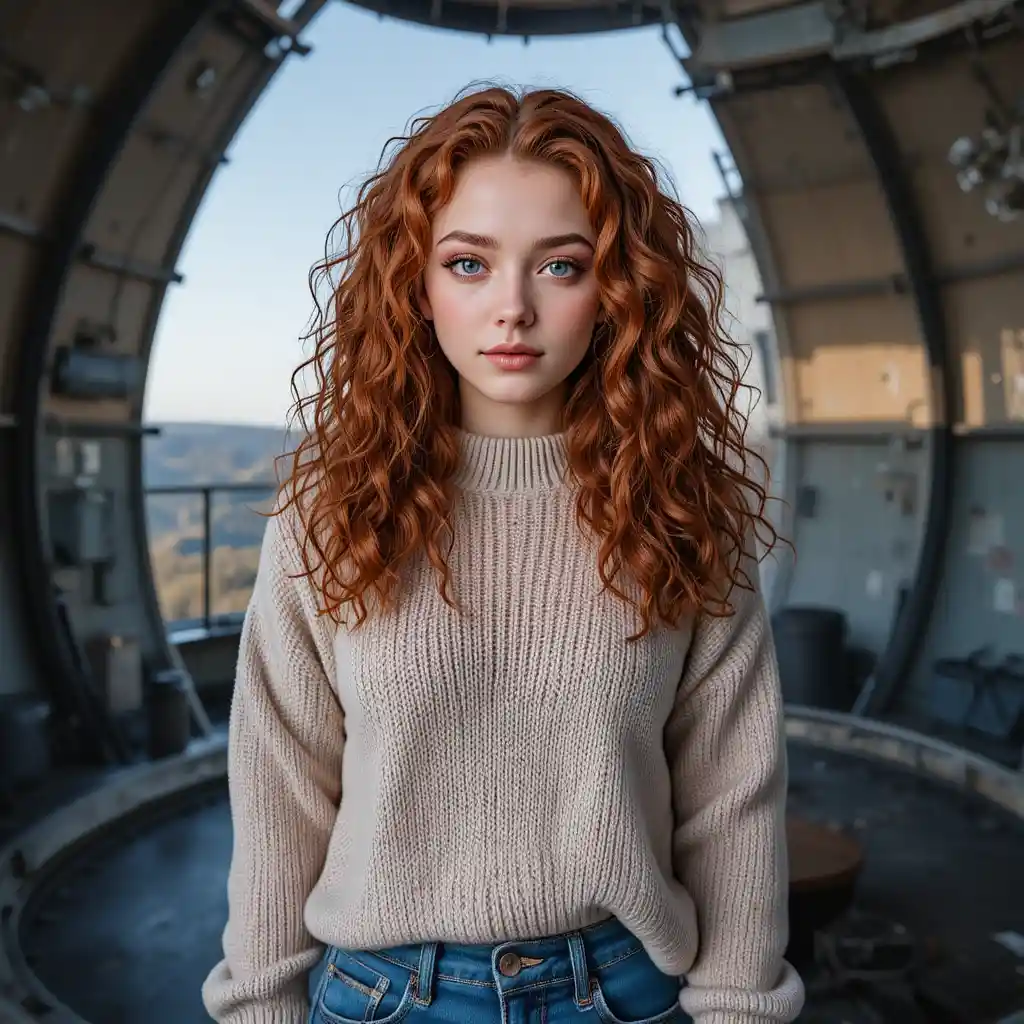 Junges Mädchen mit Heterochromie in einer ruhigen Sternwarte