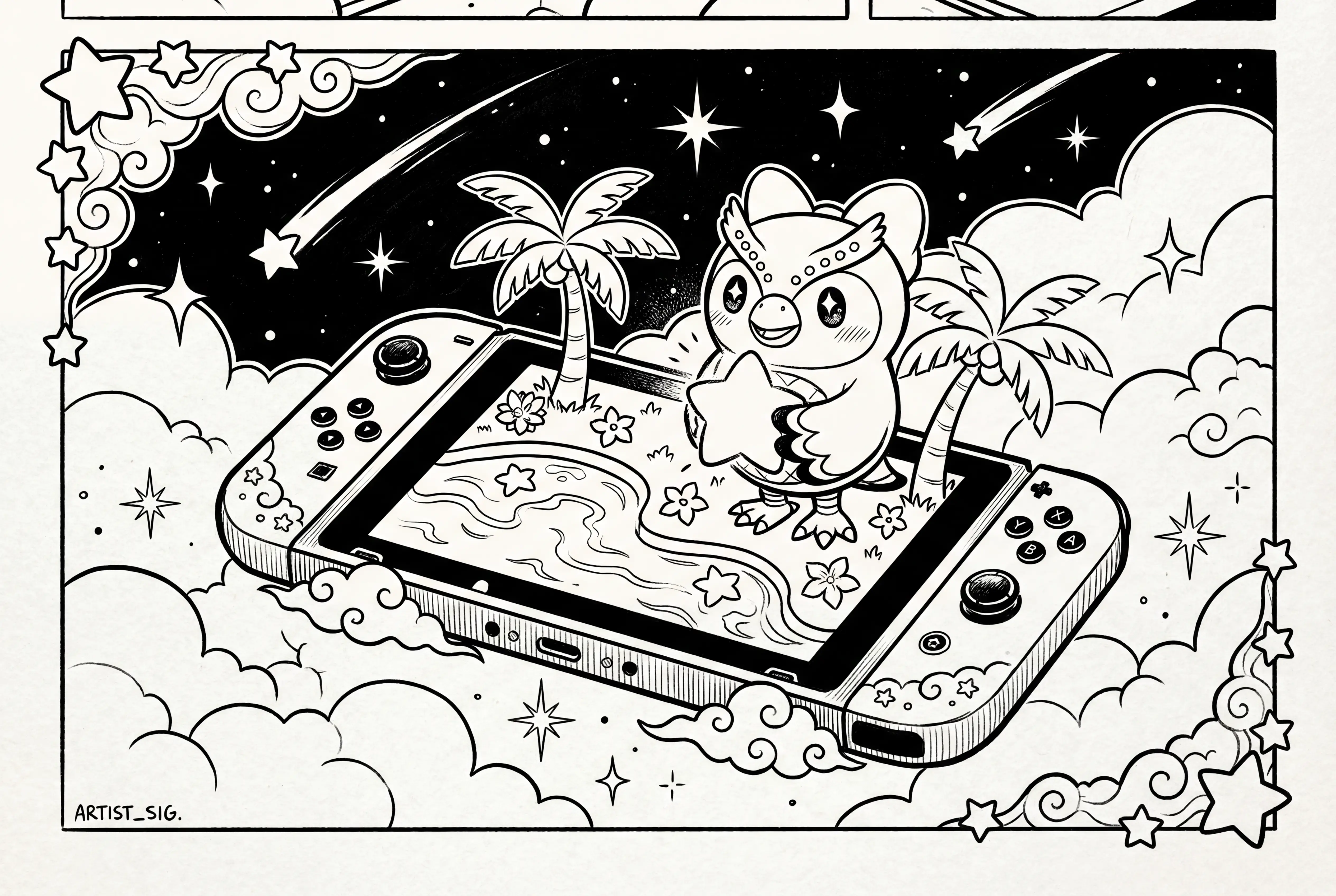 Whimsical owl on floating nintendo switch island illustration