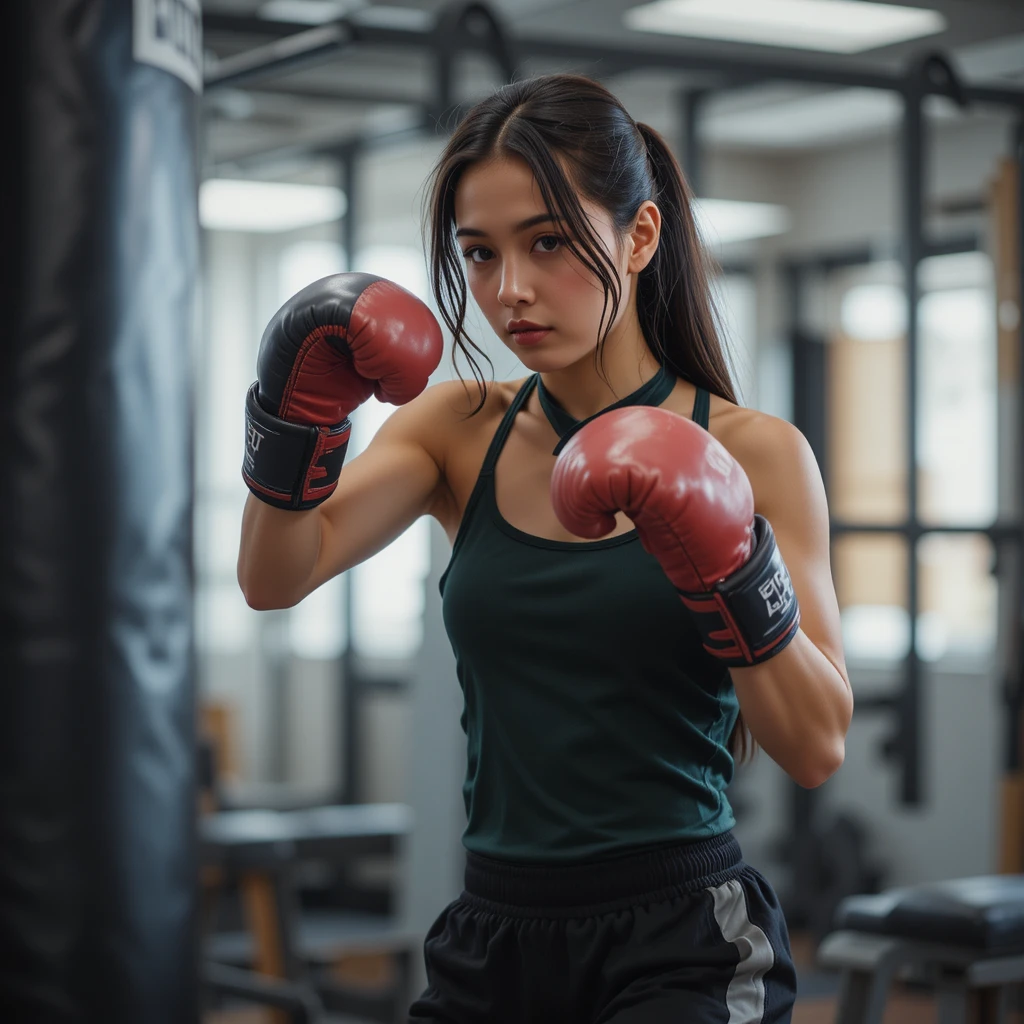 Junge Frau beim Boxtraining im Fitnessstudio