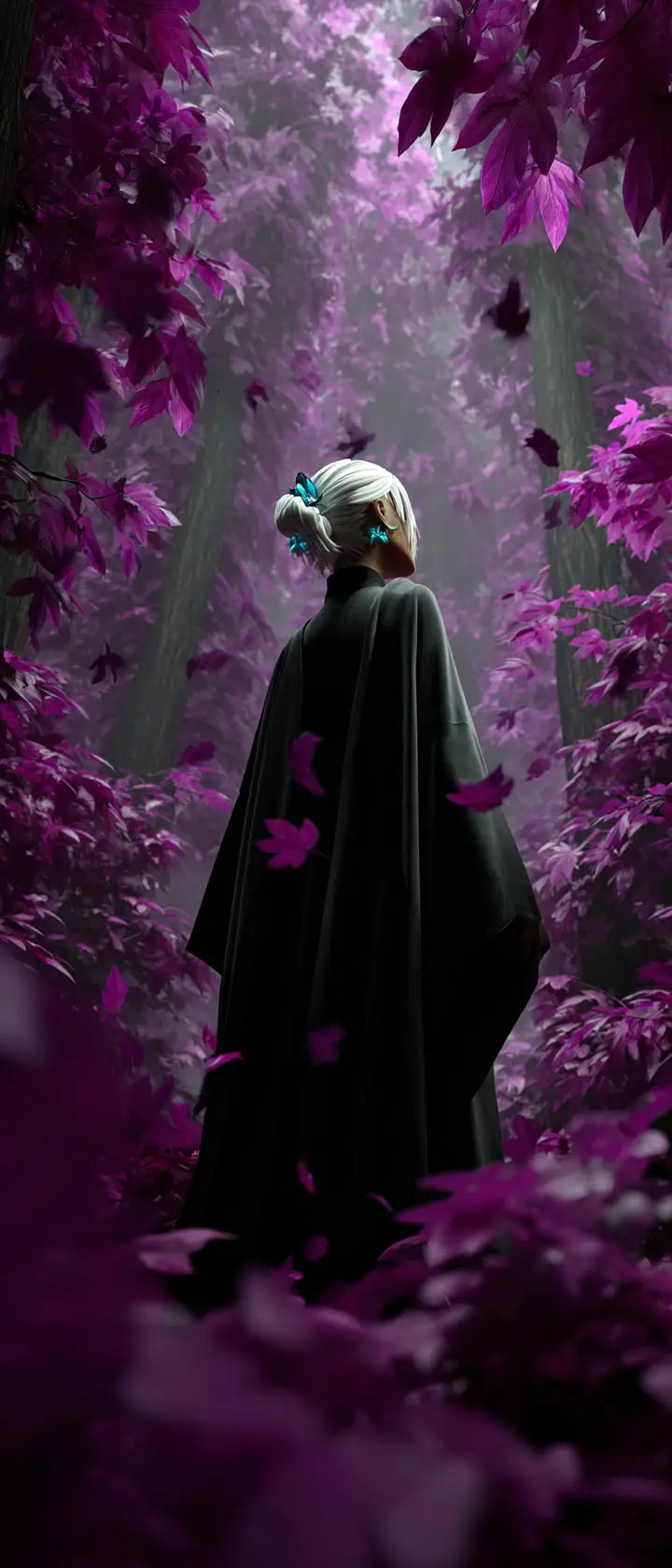 White haired woman in black dress in purple forest