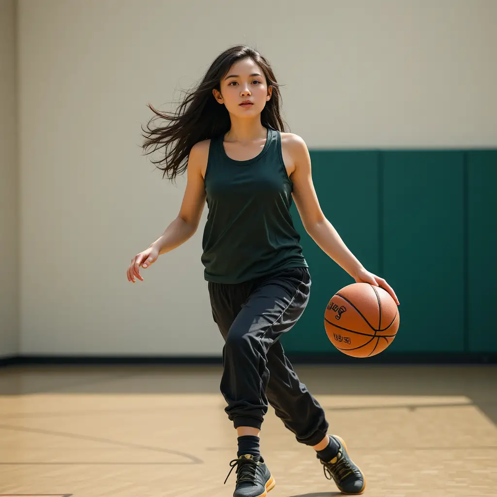 Young girl in green top playing basketball outdoors