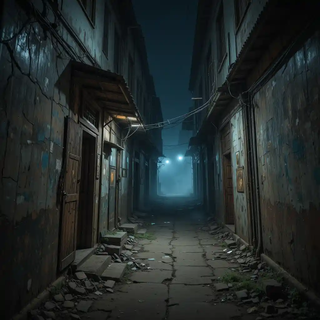 Deserted Indian City Alley At Night With Fog And Shadows