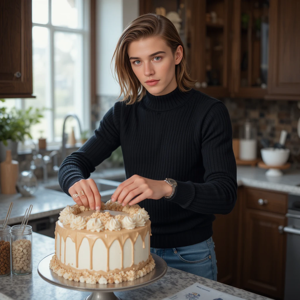Junger Mann dekoriert einen Kuchen in einer modernen Küche