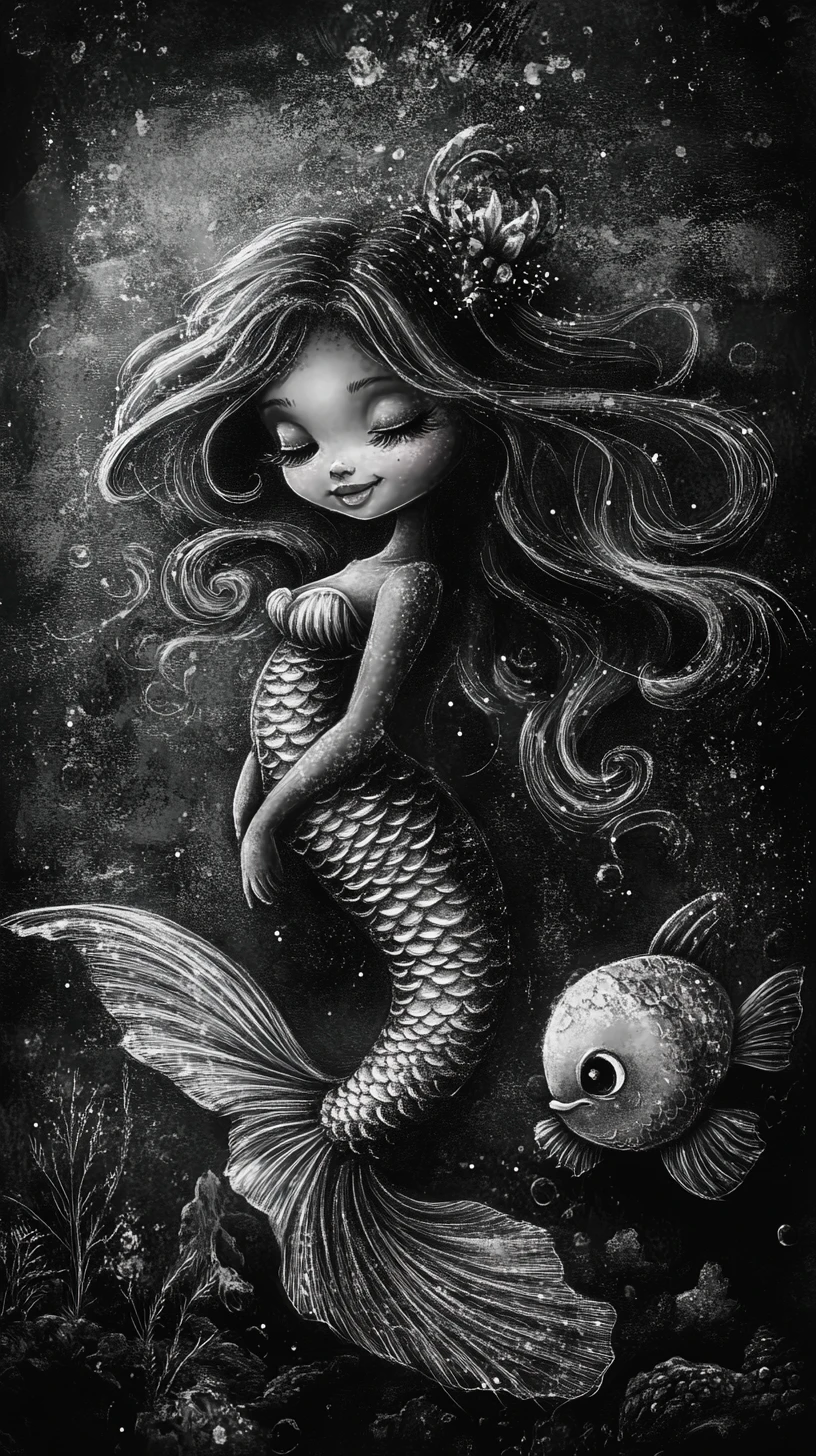 Charcoal portrait of a friendly mermaid with fish companion