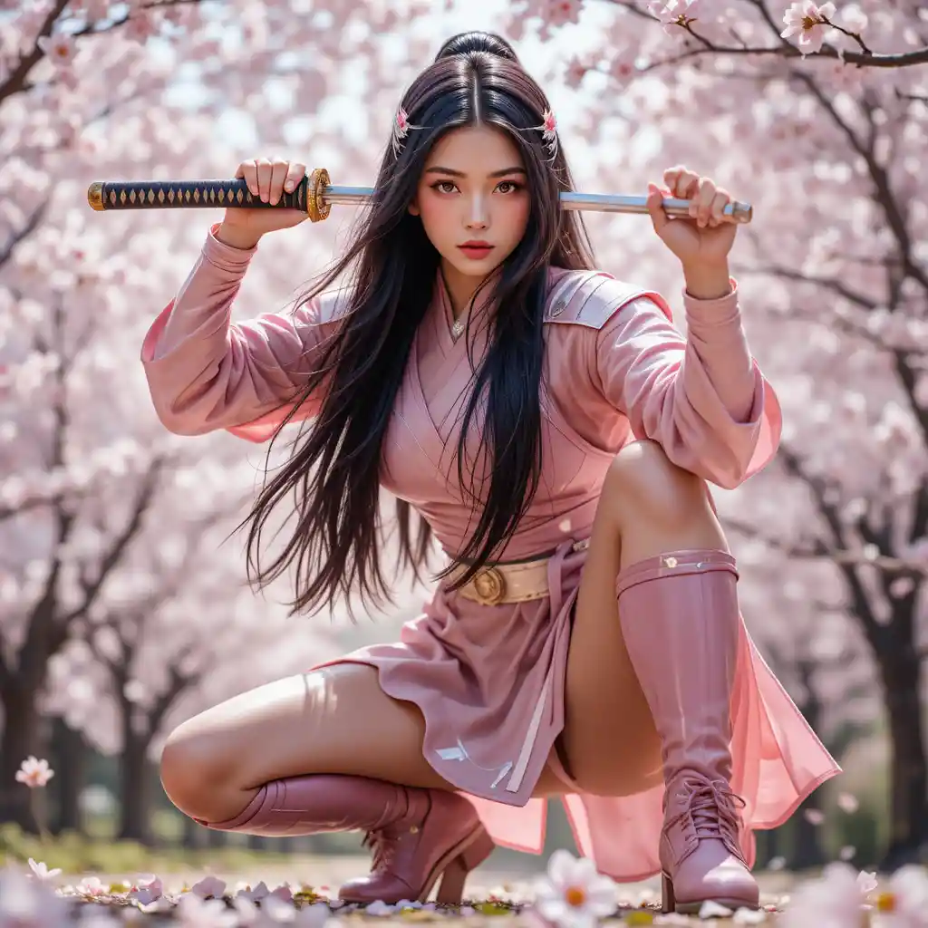 벚꽃 아래 분홍 갑옷을 입은 일본 여성 전사