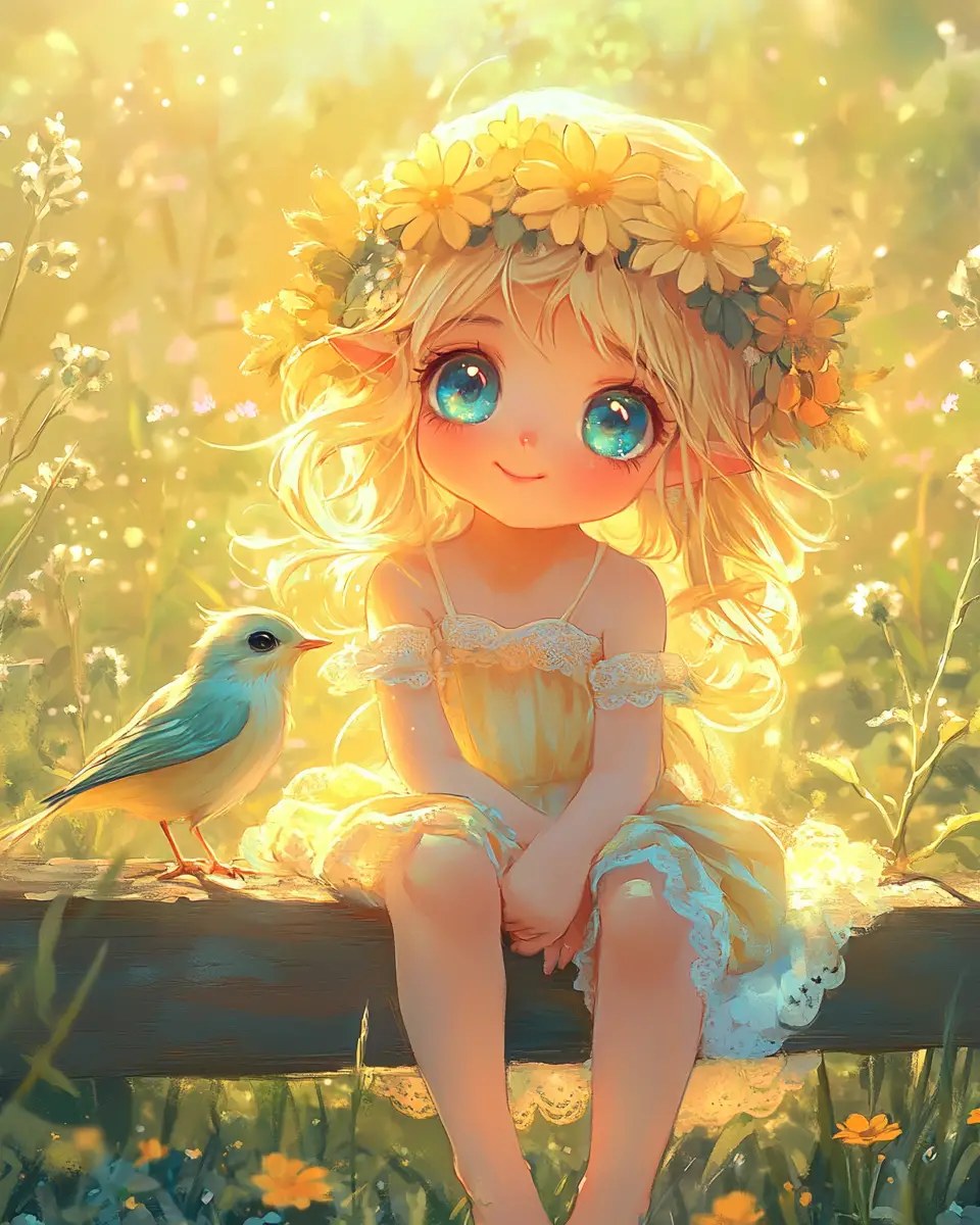 Summer fairy child on fence in sunny flower meadow