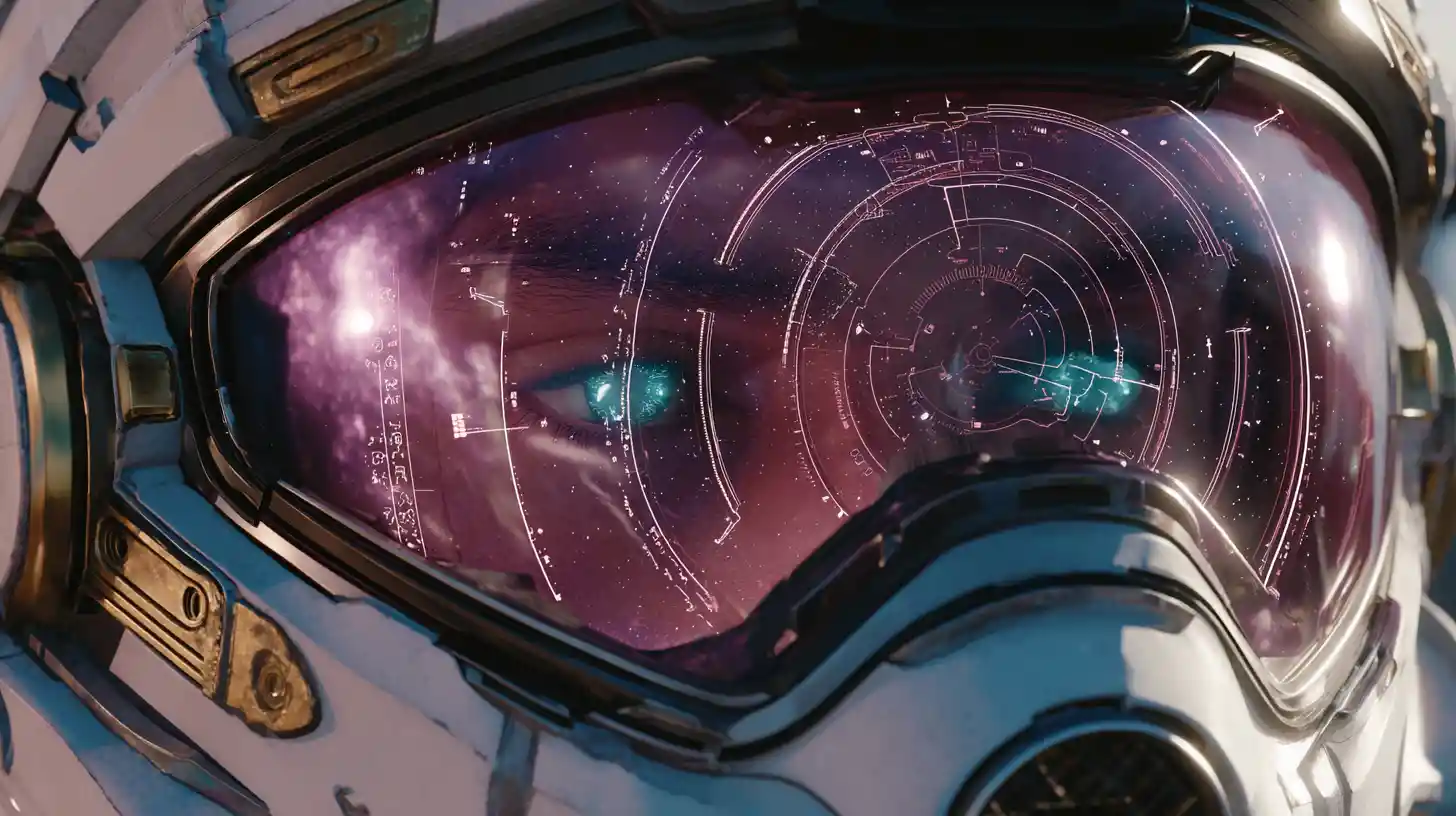 Extremes Nahaufnahme-Porträt eines futuristischen Pilotenhelms mit holografischem HUD