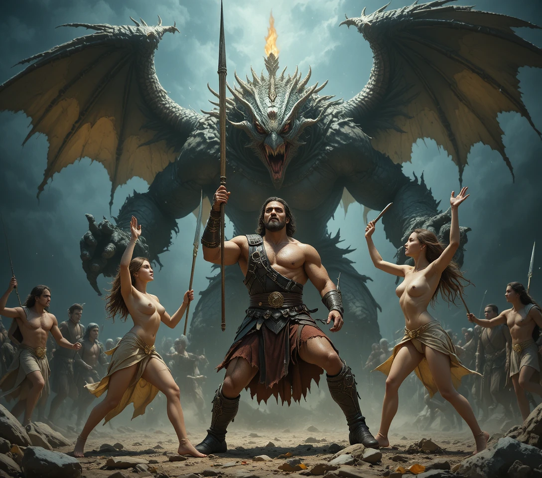 Muscular Fantasy Warrior Facing Fire Breathing Winged Monster