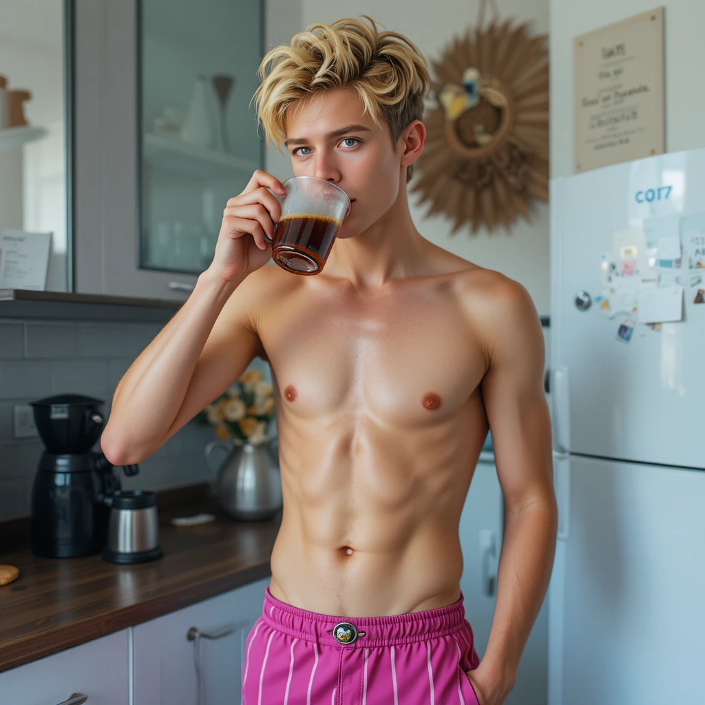 Young man in striped pants drinking coffee from maker