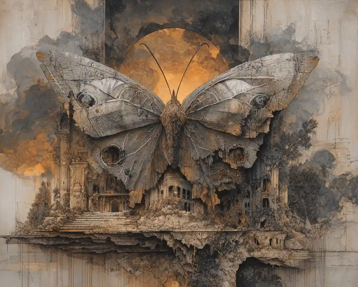 Farfalla astratta vibrante in inchiostro e carboncino mixed media
