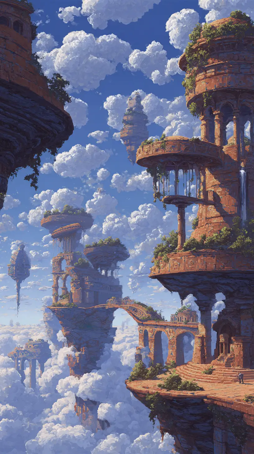 Majestic floating sky city above glowing golden clouds