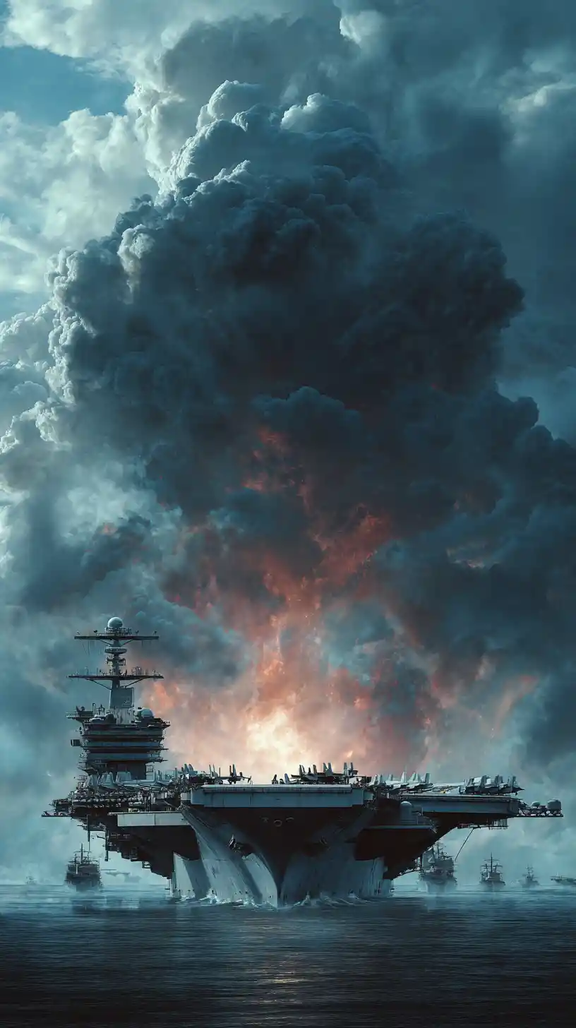 Vista cinematografica di una portaerei statunitense in mare