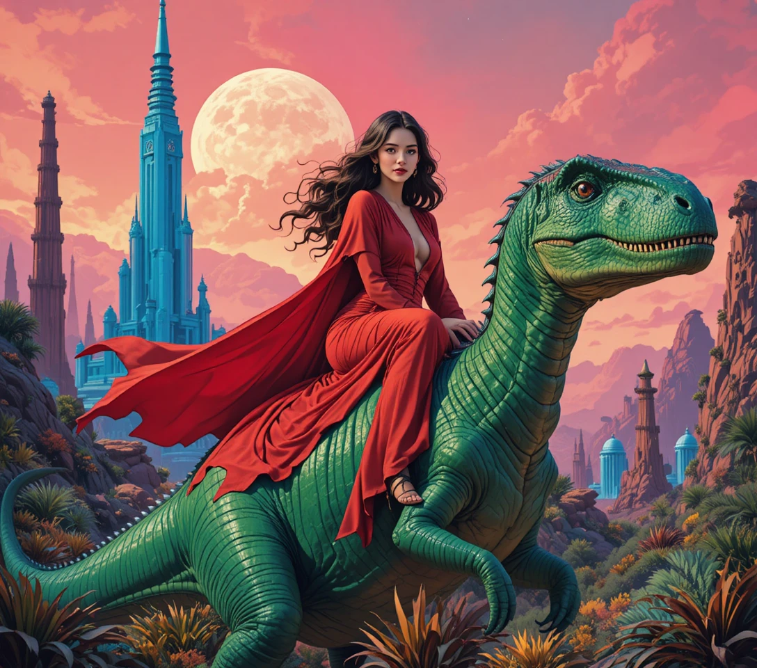 Mujer montando un dinosaurio verde en un mundo de fantasía alienígena