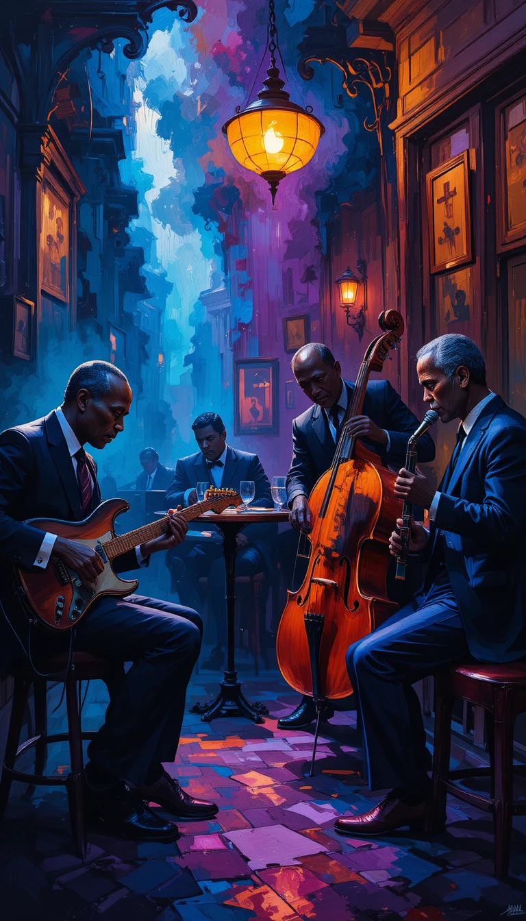 Abstract jazz quartet in a smoky parisian speakeasy scene