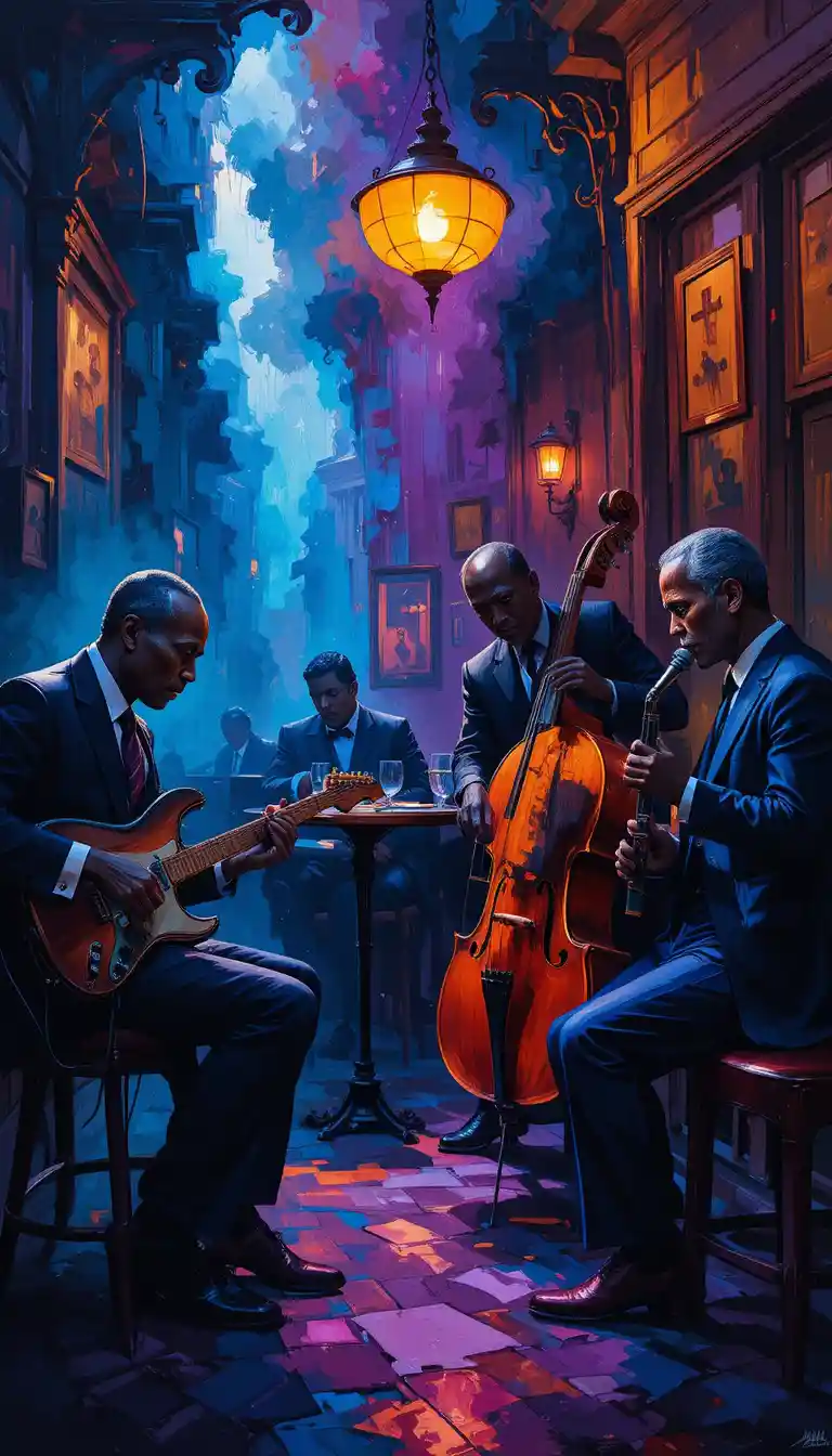 Abstract jazz quartet in a smoky parisian speakeasy scene