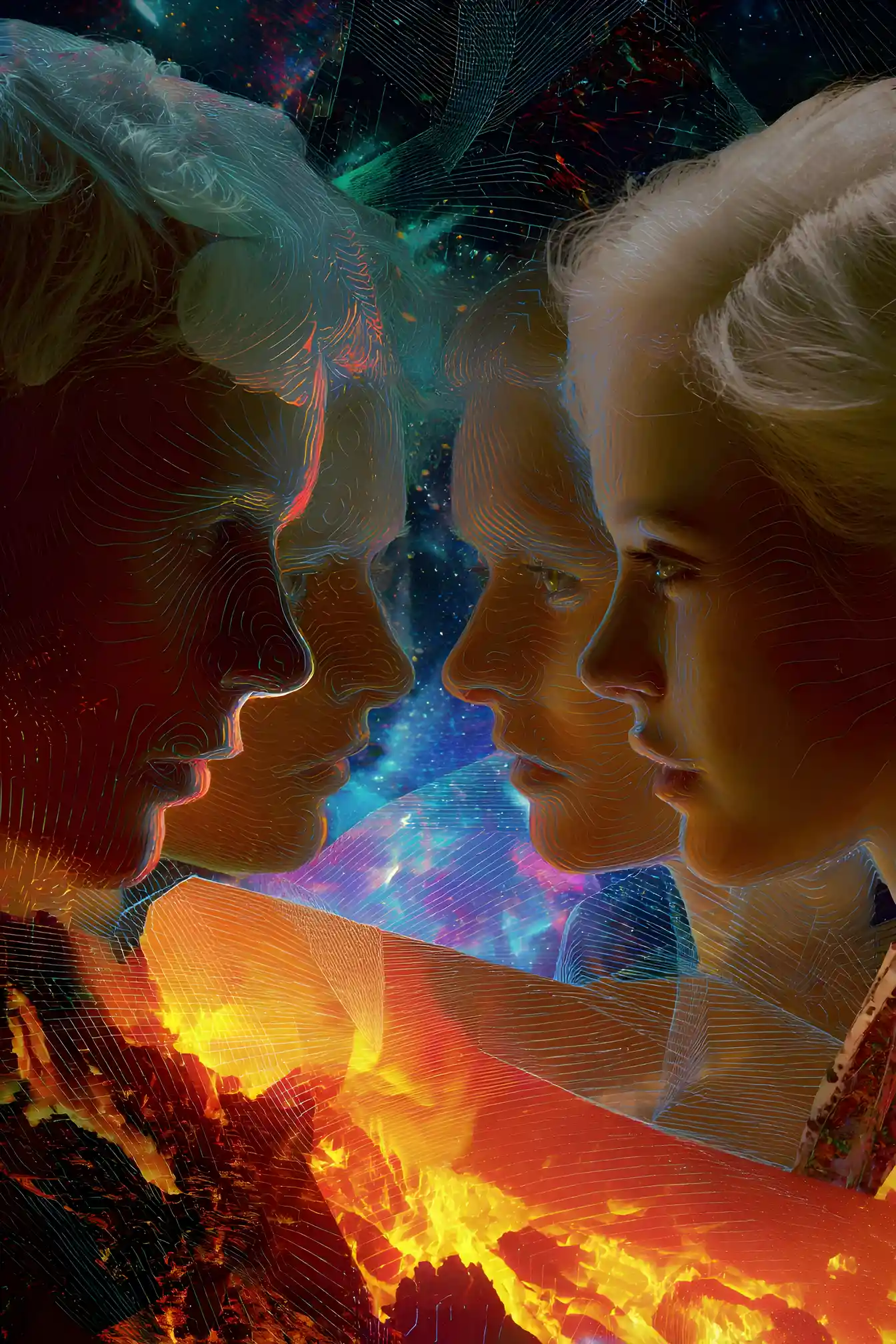 Three mystical pillars colliding in endless outer space