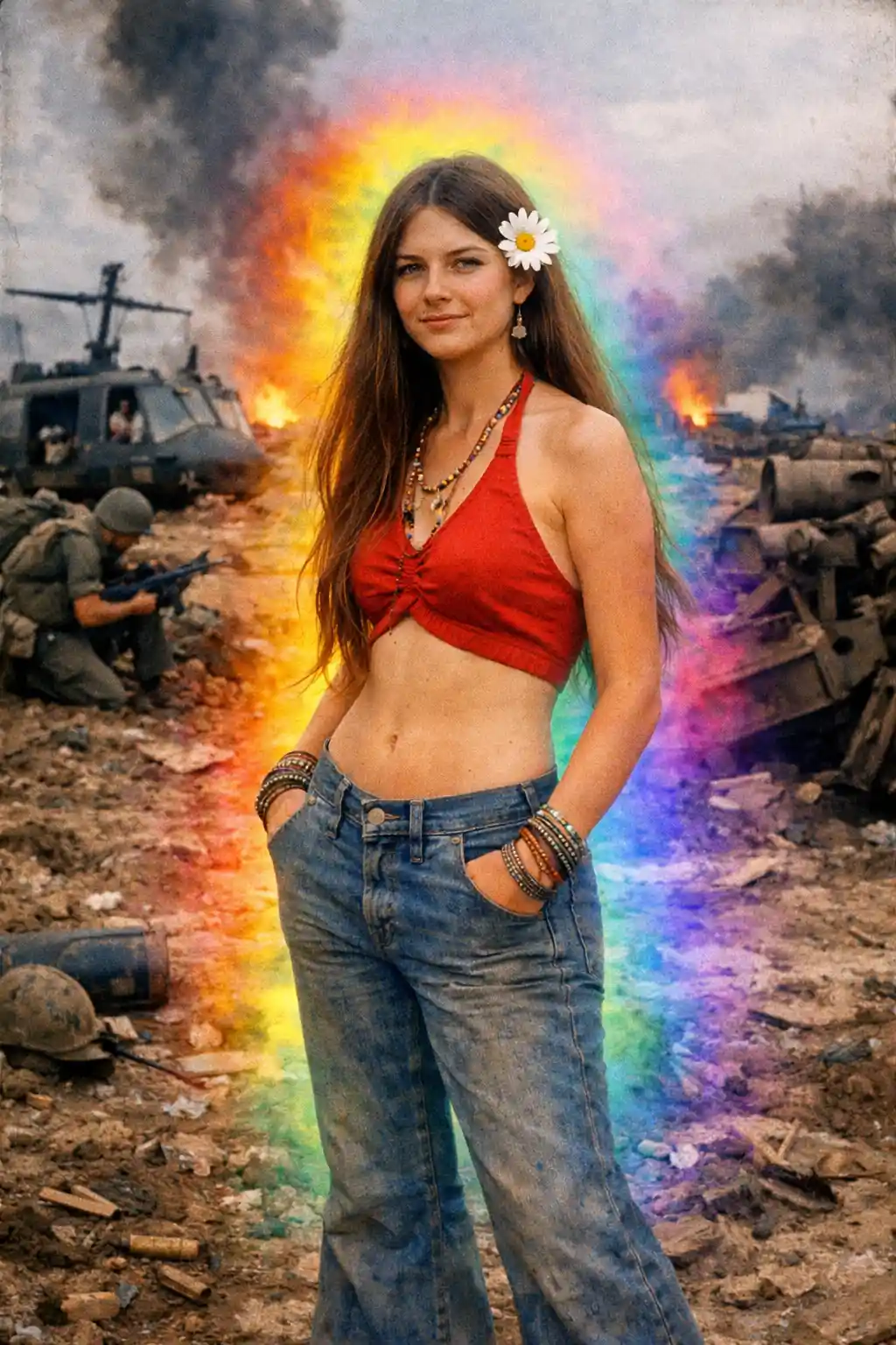 Hippie woman in bell bottoms standing in a war zone
