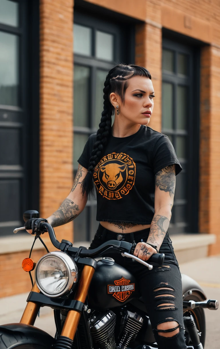 Tattooed biker woman riding a black motorcycle in city